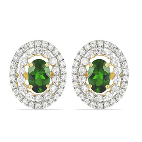 14K GOLD NATURAL CHROME DIOPSIDE GEMSTONE EARRINGS WITH WHITE DIAMOND